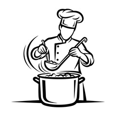 Chef in Toque Stirring Large Pot with Ladle.