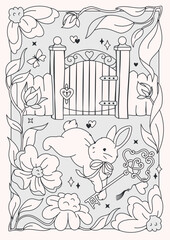 Vintage monochrome coloring page featuring a rabbit in a floral fantasy garden for detailed coloring books, with intricate line art and fairytale charm. Ideal for printing or digital art projects.