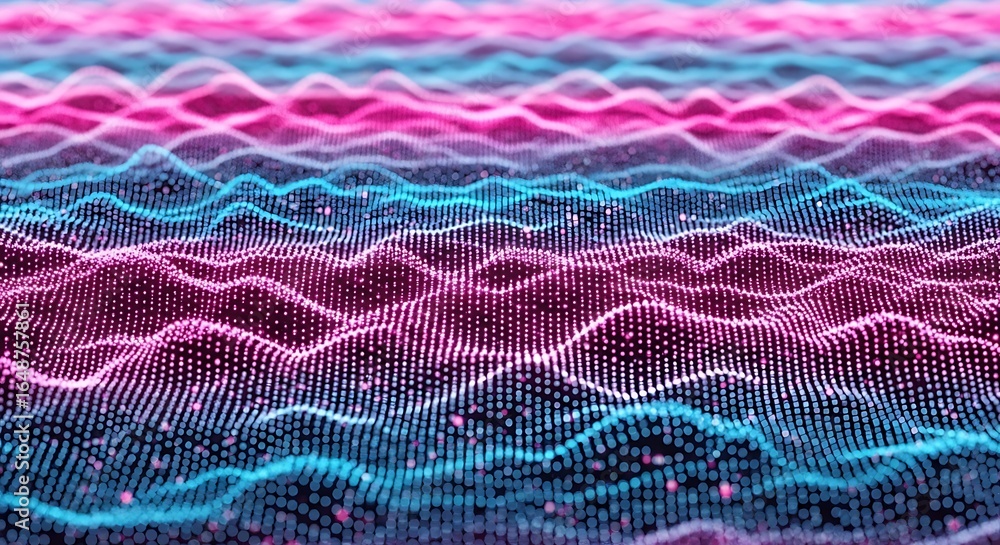 Poster abstract digital wave pattern with glowing pink and blue particles, representing data flow and techn