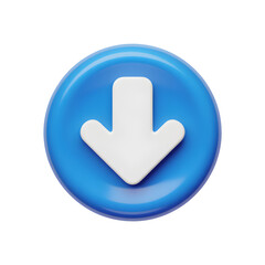 Blue Download Arrow Icon &ndash; 3D Glossy Symbol for Digital Content Isolated on Transparent Background