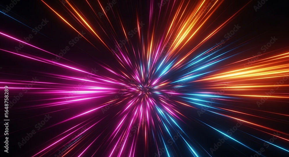 Poster abstract colorful light streaks exploding from a central point, representing speed and energy in a d