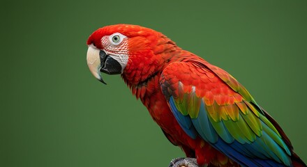 Fototapeta premium Red macaw parrot portrait against green background