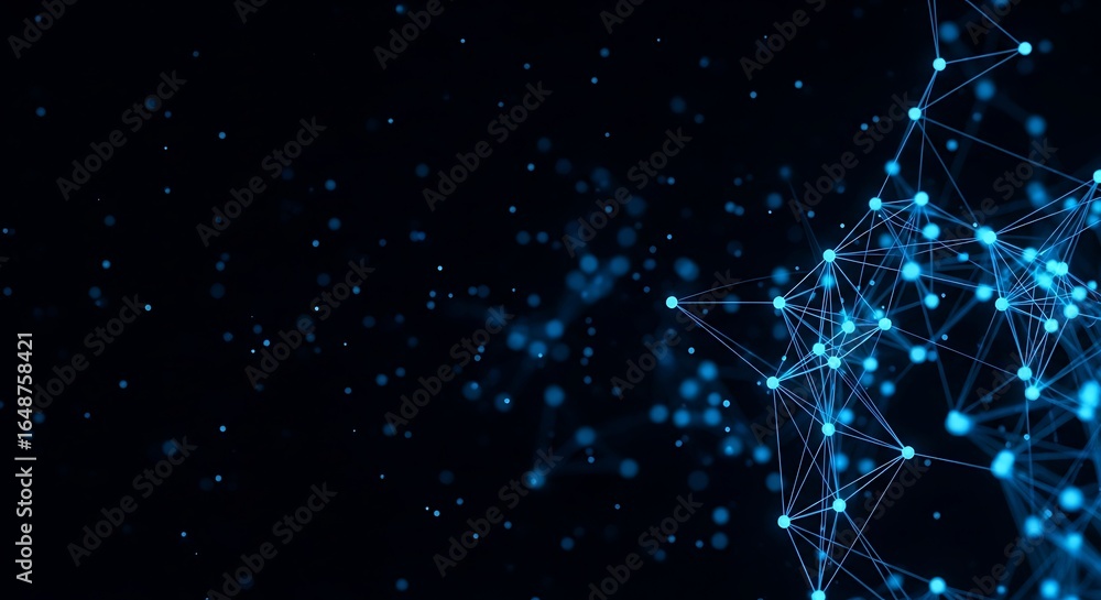 Poster abstract blue glowing network of interconnected dots and lines on a dark background, representing da