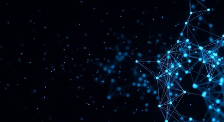 Abstract blue glowing network of interconnected dots and lines on a dark background, representing data and connections