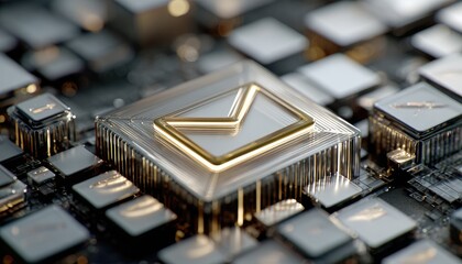 Email icon, 3D rendering, metallic circuit board