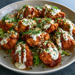 マヨネーズのソースがかかったフライドチキン