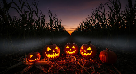 Five jack o lanterns glowing in a cornfield at dusk with a spooky and mysterious atmosphere ai generated