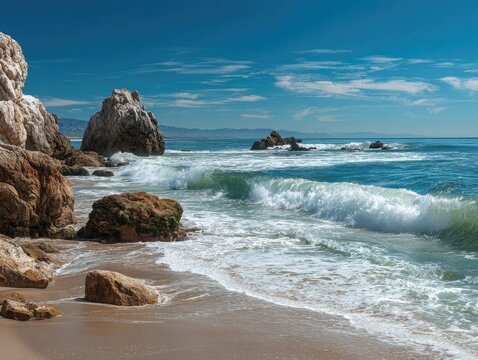 Coastal scene with large rocks, waves, and a sandy beach under a vibrant blue sky