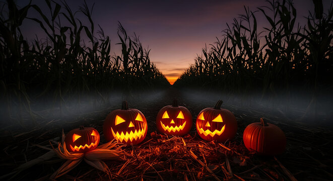 Five jack o lanterns glowing in a cornfield at dusk with a spooky and mysterious atmosphere ai generated