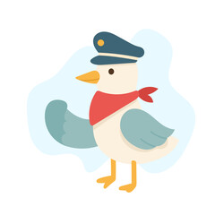 A Charming Cartoon Bird Dressed as a Captain with a Blue Hat and Red Scarf, Perfectly Designed for Children’s Illustrations or Educational Material