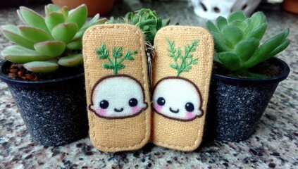 Two light beige keychain carrots with embroidered faces and green tops