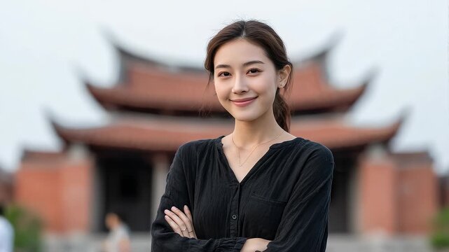 Confident Woman Smiles Facing Traditional Architecture