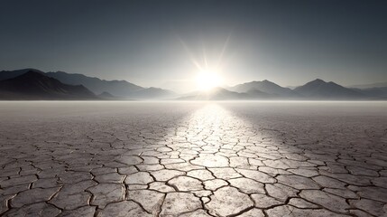 Sunrise over a cracked desert landscape.