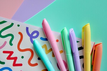 Flat lay composition of colorful school and art supplies arranged around a small easel with a blank canvas, set on pastel-colored paper background. Ideal for themes of back to school, creative