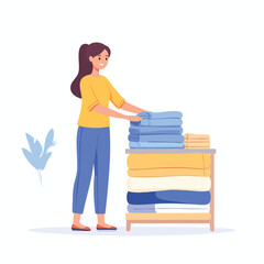 A woman neatly stacks laundry on a wooden table, showcasing a domestic chore.