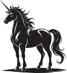 Obraz premium Majestic black unicorn with flowing mane and spiral horn