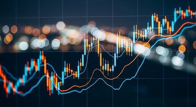 Closeup of a financial stock market trading graph with candlesticks and moving averages, showing upward trend and bokeh lights - Powered by Adobe