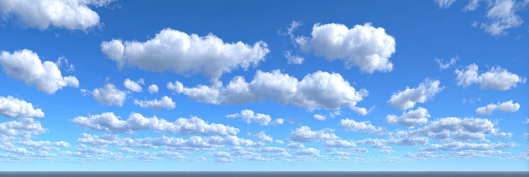 Wide shot of a vast, light-blue sky dotted with fluffy, white cumulus clouds