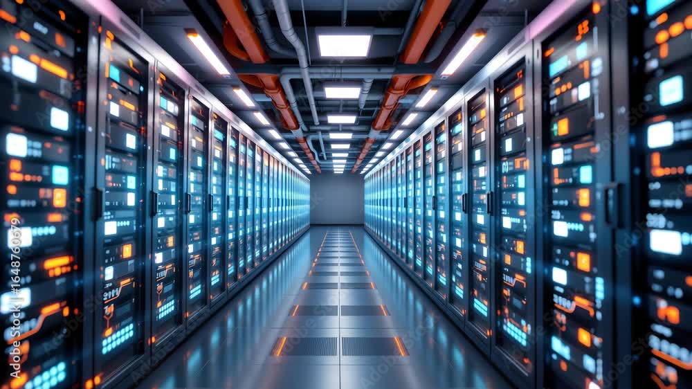 Poster data center corridor: this image showcases a data center corridor with servers, depicting cutting-ed