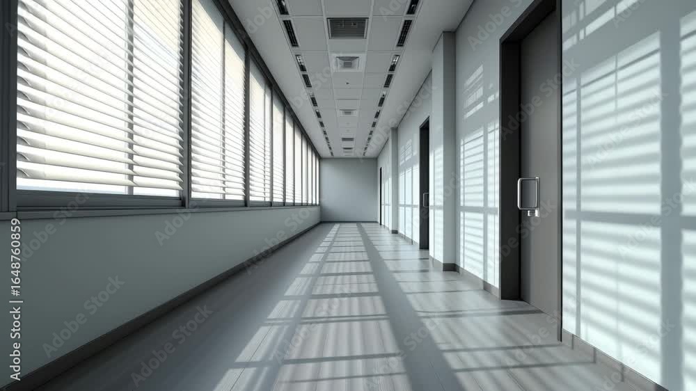 Poster architectural corridor: the long corridor of the building showcases a sense of depth with the play o