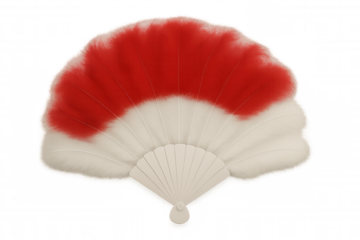 Delicate red-white feather fan floating against transparent backdrop, highlighting dance, fashion, cultural design aesthetics