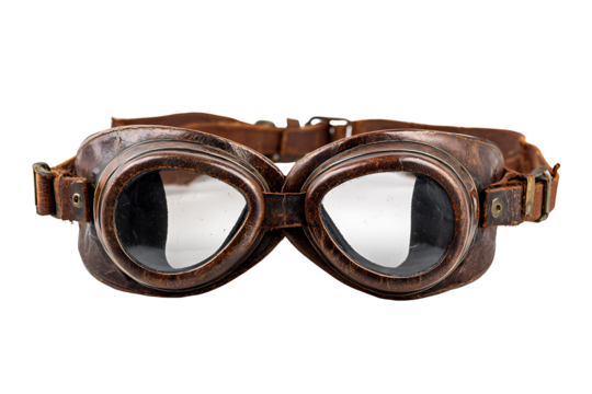 Vintage leather aviator goggles isolated on transparent background
