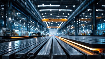 Naklejka premium Steel Bars in a Manufacturing Plant with Industrial Lighting and Perspective