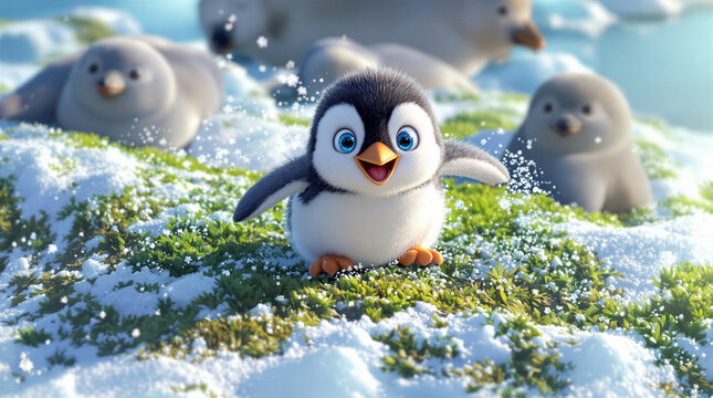 Adorable 3D Animated Baby Penguin with Bright Blue Eyes Standing Joyfully on Snowy Moss in a Winter Wonderland Scene - Powered by Adobe
