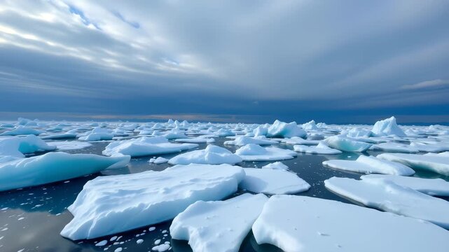 Frozen Serenity: Witness the ethereal beauty of icebergs scattered across the vast ocean under a dramatic sky, a serene tableau of nature's raw power and delicate balance.
