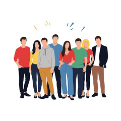 Fototapeta premium Diverse group of young adults standing together in casual attire celebrating success with enthusiasm and joyful expressions