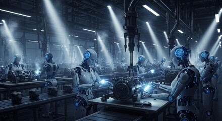 未来工場で整列するAIアンドロイド群のCG