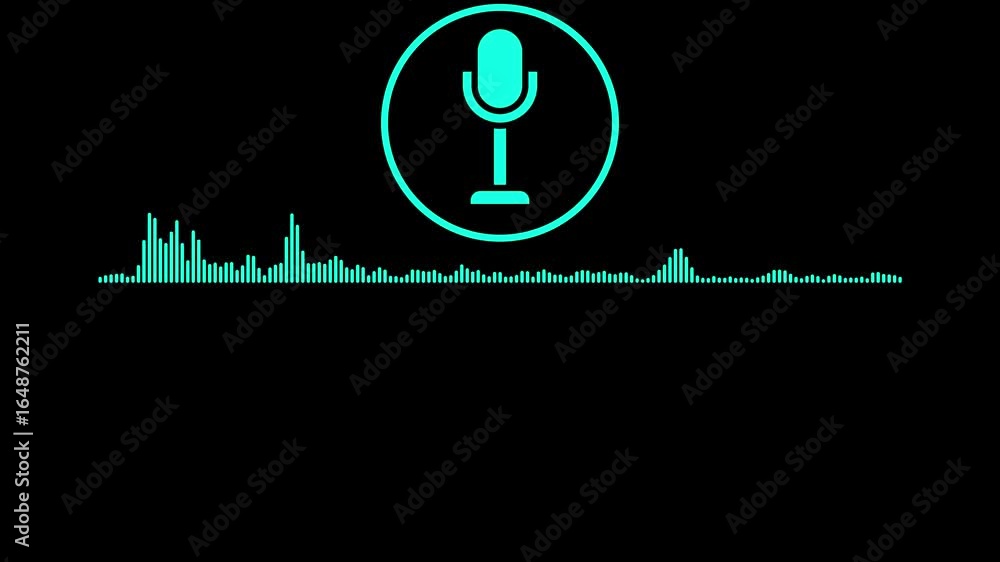 Aufkleber cyan microphone icon with sound waveform animation on black background digital audio visualization