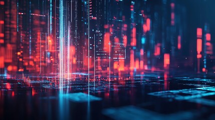 Fototapeta premium Abstract digital landscape with red and blue glowing lights suggesting data transfer in a photo