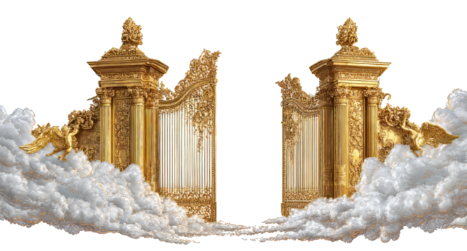 Golden Ornate Gate Surrounded by Fluffy Clouds Fantasy Scene