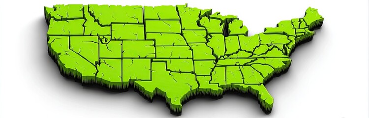 3D map of the United States in lime green