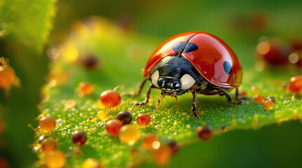 Obraz premium Vibrant Red Ladybug on Textured Green Leaf with Colorful Spherical Droplets; Detailed Macro Shot of a Ladybird Beetle in Natural Environment
