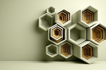 Abstract wall display of nested hexagons in light beige and tan