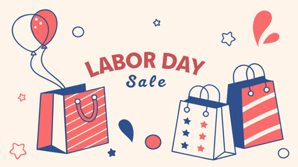 Labor day sale event shopping bags balloons stars vector illustration template promotional banner design