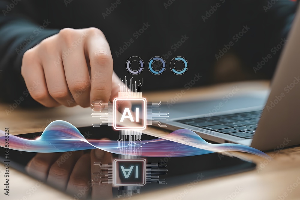 Poster artificial intelligence integration concept showing a person interacting with a glowing ai icon on a
