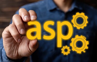 Person's hand hovering over glowing "ASP" text with gear icons