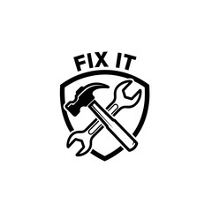 Silhouette Fix It Logo With Crossed Hammer and Wrench Inside a Shield