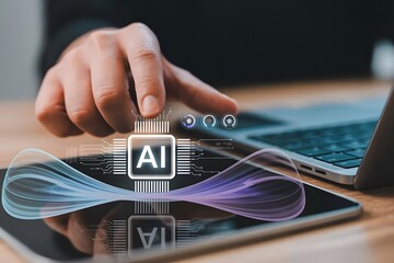 Person using a tablet with an AI interface overlay showcasing artificial intelligence technology machine learning and the future of digital interaction with modern technology