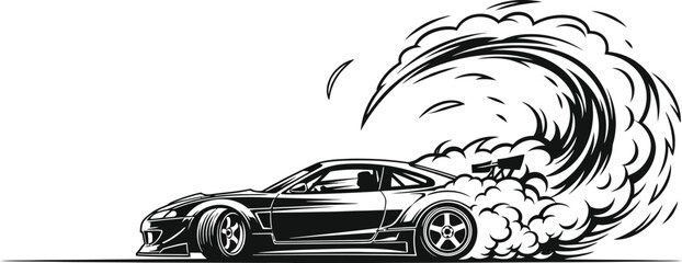 A highperformance sports car creates a dramatic burnout with billowing smoke isolated on white background