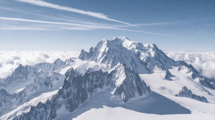 Obraz premium Expansive panoramic view of snow-covered mountain landscape under blue sky