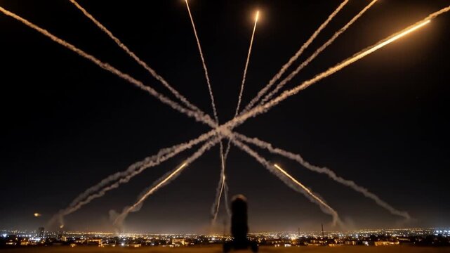 Spectacular display of nighttime illumination rockets piercing through the dark sky over city