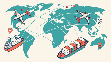 Global trade logistics network showing airplanes and ships for international shipping and transportation services