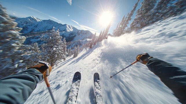 POV shot of a skier racing down a snowy slope under a bright sun