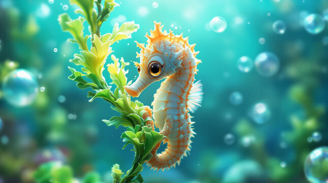 Adorable Cartoon Seahorse Clinging to Seaweed in Vibrant Underwater World with Bubbles, Digital Illustration of Cute Marine Life - Powered by Adobe