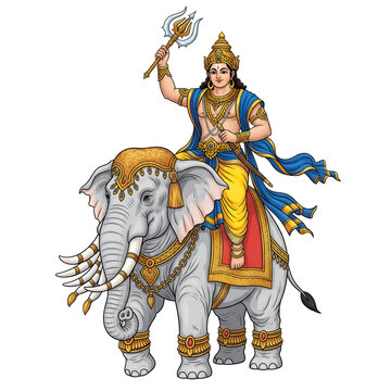 Lord Indra, king of gods, riding his white elephant Airavata, holding thunderbolt weapon, isolated on white background for Hindu mythology books and divine symbolism projects