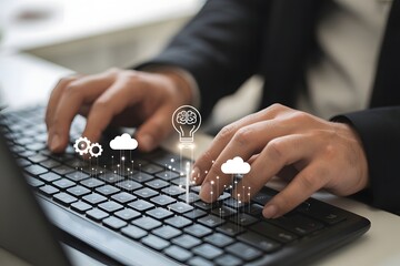Fototapeta premium Creative process and innovative technology concept with businessman typing on keyboard and icons of gears cloud computing and lightbulb with brain on top